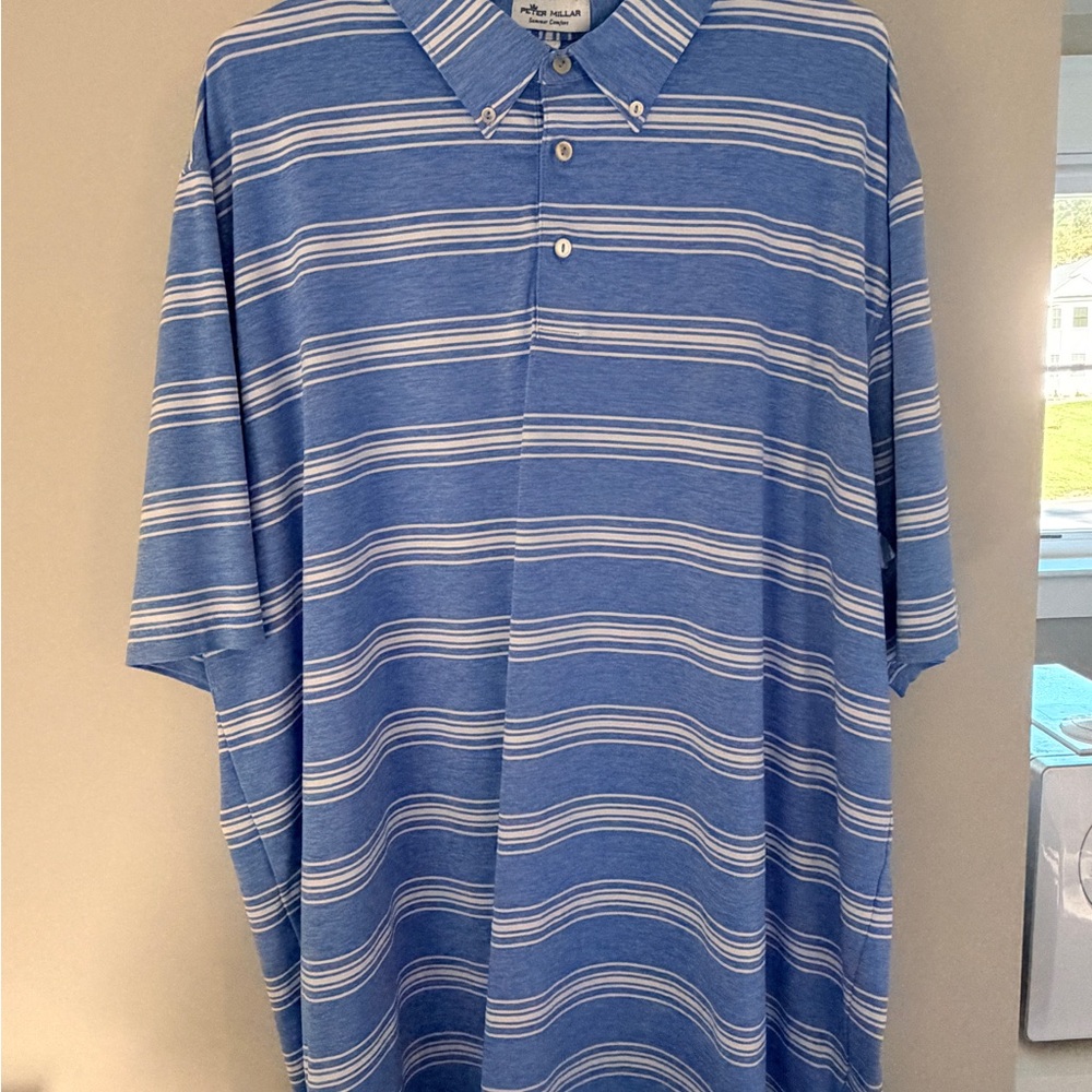 Peter Millar Blue and White Striped Polo Shirt